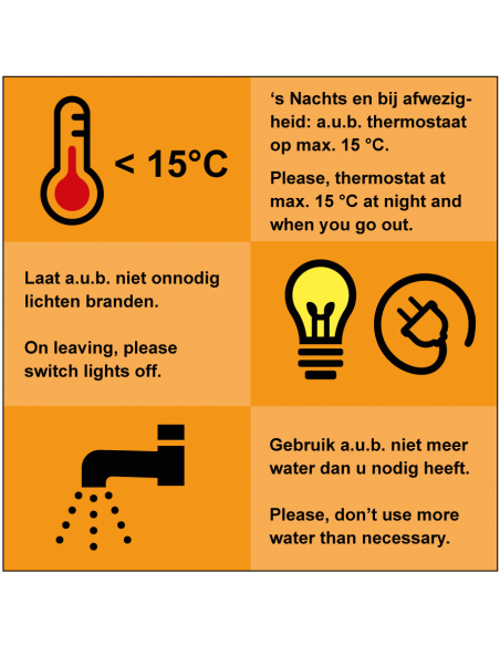 Energie besparen tekstbord, NL-EN, oranje, nederlands en engels, vierkant