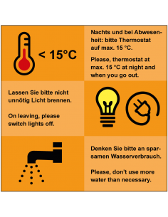 Energie besparen tekstbord, DE-EN, kunststof, oranje, nederlands en engels, vierkant