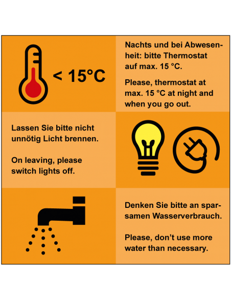 Energie besparen tekstbord, DE-EN, kunststof, oranje, nederlands en engels, vierkant