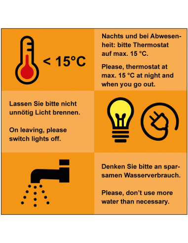 Energie besparen tekststicker, DE-EN, oranje, nederlands en engels, vierkant