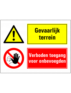 Gevaarlijk terrein, verboden toegang onbevoegden sticker, rood, geel, rechthoekig