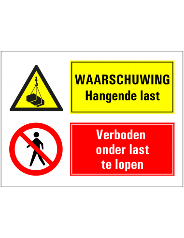 Pas op en verboden onder hangende last te lopen bord, rood geel, rechthoekig