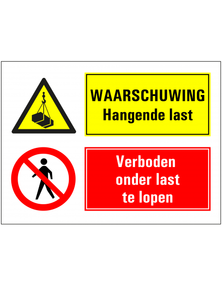 Pas op en verboden onder hangende last te lopen bord, rood geel, rechthoekig