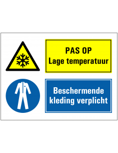 Lage temperaturen, beschermende kleding verplicht bord, geel blauw, rechthoekig