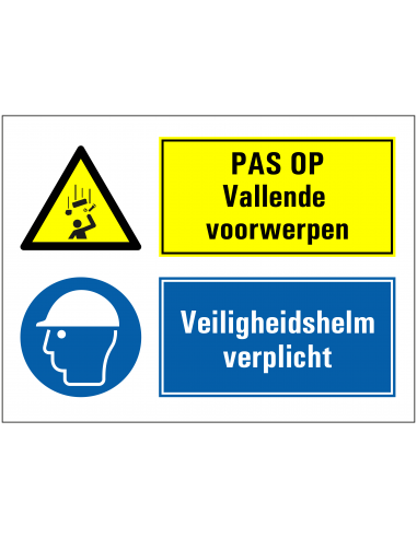 Vallende voorwerpen, veiligheidshelm verplicht sticker, blauw geel, rechthoekig