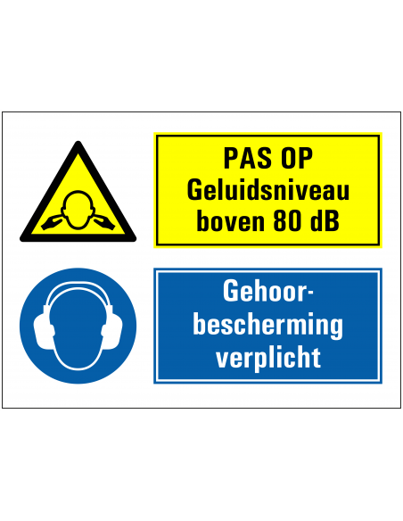 Geluidsniveau boven de 80 dB, oorkap verplicht bord, blauw geel, rechthoekig