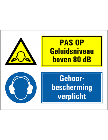 Geluidsniveau boven de 80 dB, oorkap verplicht sticker, geel blauw, rechthoekig