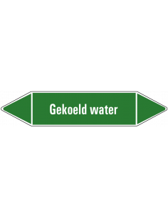 Gekoeld water leidingmarkering op vel, groen wit, Nederlandse tekst gekoeld water , stroomrichting leiding water