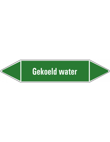 Gekoeld water leidingmarkering op vel, groen wit, Nederlandse tekst gekoeld water , stroomrichting leiding water