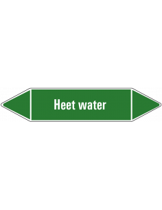 Heet water leidingmarkering op vel, groen wit, Nederlandse tekst heet water, stroomrichting leiding water