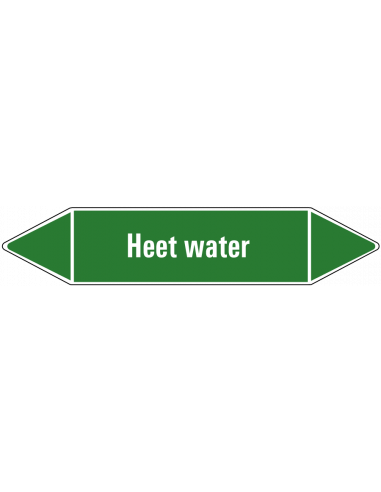 Heet water leidingmarkering op vel, groen wit, Nederlandse tekst heet water, stroomrichting leiding water