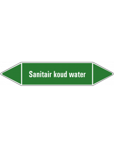 Sanitair koud water leidingmarkering op vel, groen wit, Nederlandse tekst sanitair koud water, stroomrichting leiding water