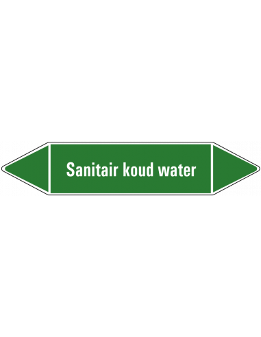Sanitair koud water leidingmarkering op vel, groen wit, Nederlandse tekst sanitair koud water, stroomrichting leiding water