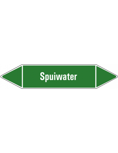 Spuiwater leidingmarkering op vel, groen wit, Nederlandse tekst spuiwater, stroomrichting leiding water