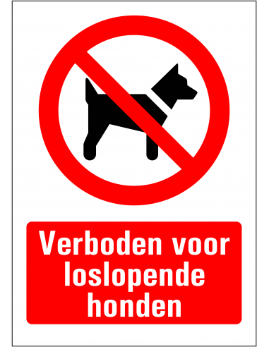 Verboden voor loslopende honden sticker, rood wit, rechthoekig
