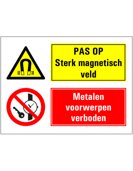 Sterk magnetisch veld, metalen voorwerpen verboden bord, rood geel, rechthoekig