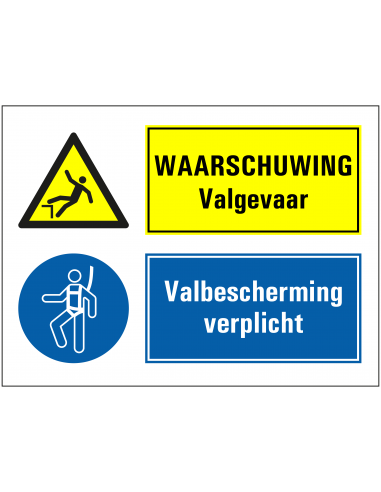 Valgevaar, valbescherming verplicht sticker, geel blauw, rechthoekig