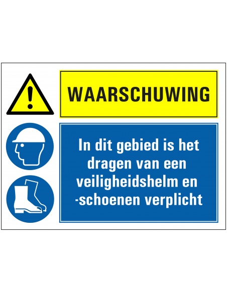Waarschuwing veiligheidshelm en -schoenen verplicht bord, geel blauw, rechthoekig