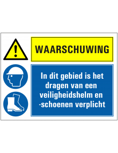 Waarschuwing veiligheidshelm en -schoenen verplicht sticker, blauw geel, rechthoekig