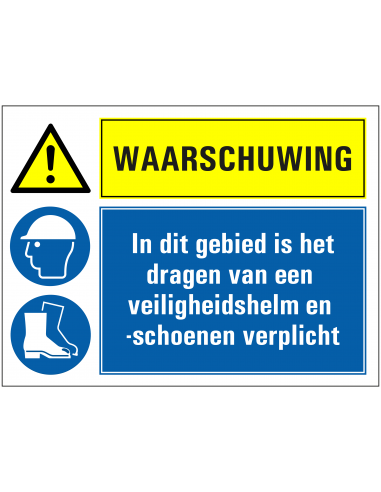 Waarschuwing veiligheidshelm en -schoenen verplicht sticker, blauw geel, rechthoekig