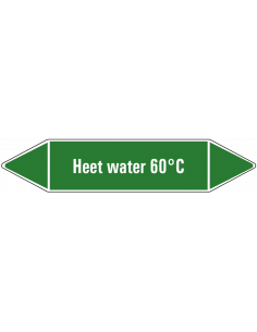 Heet water 60°C leidingmarkering op vel, groen wit, Nederlandse tekst heet water 60°C, stroomrichting leiding water