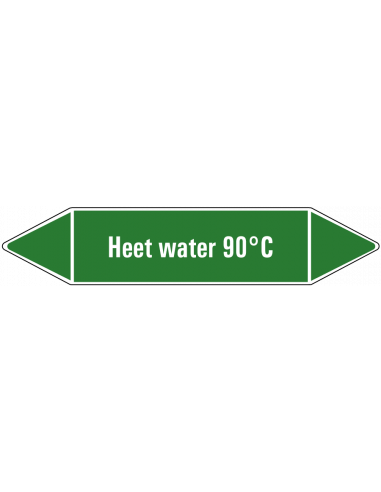 Heet water 90°C leidingmarkering op vel, groen wit, Nederlandse tekst heet water 90°C, stroomrichting leiding water