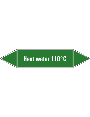 Heet water 110°C leidingmarkering op vel, groen wit, Nederlandse tekst heet water 110°C, stroomrichting leiding water