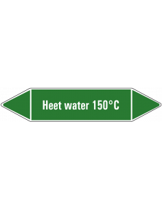Heet water 150°C leidingmarkering op vel, groen wit, Nederlandse tekst heet water 150°C, stroomrichting leiding water