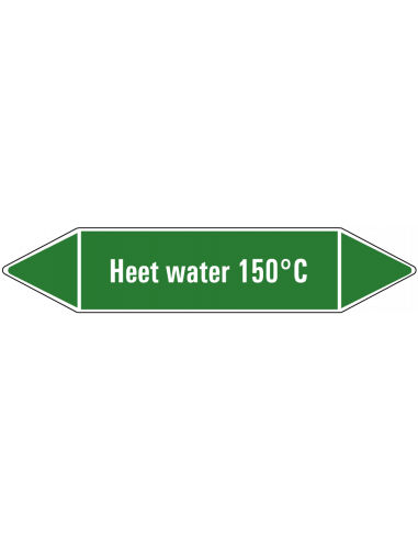 Heet water 150°C leidingmarkering op vel, groen wit, Nederlandse tekst heet water 150°C, stroomrichting leiding water
