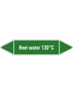 Heet water 130°C leidingmarkering op vel, groen wit, Nederlandse tekst heet water 130°C, stroomrichting leiding water