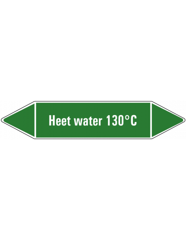 Heet water 130°C leidingmarkering op vel, groen wit, Nederlandse tekst heet water 130°C, stroomrichting leiding water
