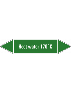 Heet water 170°C leidingmarkering op vel, groen wit, Nederlandse tekst heet water 170°C, stroomrichting leiding water