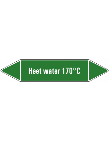 Heet water 170°C leidingmarkering op vel, groen wit, Nederlandse tekst heet water 170°C, stroomrichting leiding water