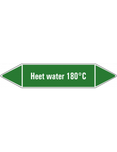 Heet water 180°C leidingmarkering op vel, groen wit, Nederlandse tekst heet water 180°C, stroomrichting leiding water