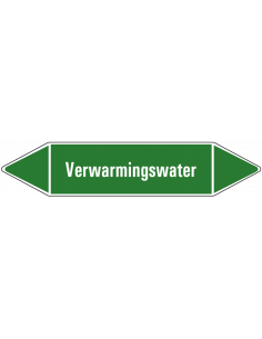 Verwarmingswater leidingmarkering op vel, groen wit, Nederlandse tekst verwarmingswater, stroomrichting leiding water