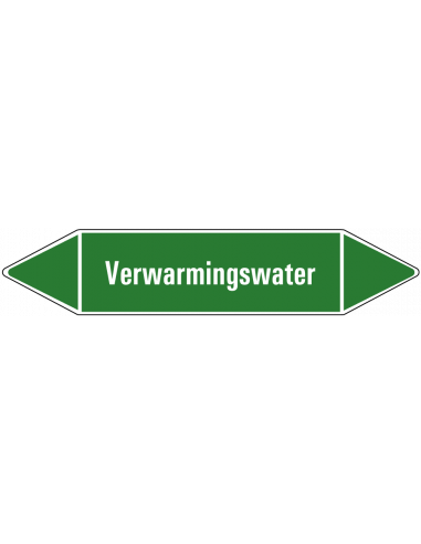 Verwarmingswater leidingmarkering op vel, groen wit, Nederlandse tekst verwarmingswater, stroomrichting leiding water