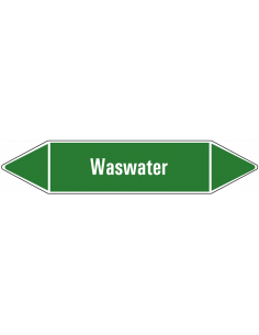 Waswater leidingmarkering op vel, groen wit, Nederlandse tekst waswater, stroomrichting leiding water