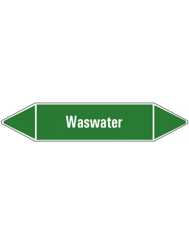 Waswater leidingmarkering op vel, groen wit, Nederlandse tekst waswater, stroomrichting leiding water