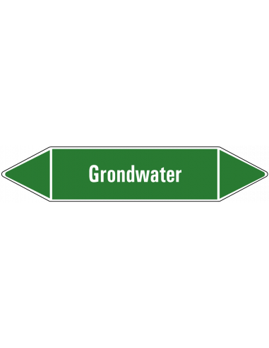 Grondwater leidingmarkering op vel, groen wit, Nederlandse tekst grondwater, stroomrichting leiding water
