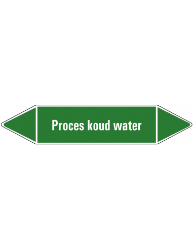 Proces koud water leidingmarkering op vel, groen wit, Nederlandse tekst proces koud water, stroomrichting leiding water