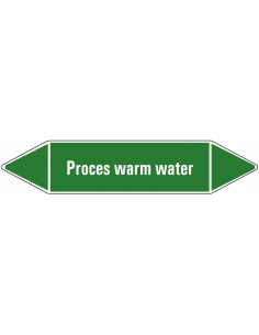 Proces warm water leidingmarkering op vel, groen wit, Nederlandse tekst proces warm water, stroomrichting leiding water