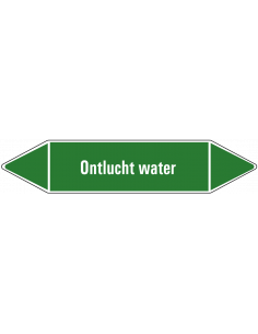 Ontlucht water leidingmarkering op vel, groen wit, Nederlandse tekst ontlucht water, stroomrichting leiding water