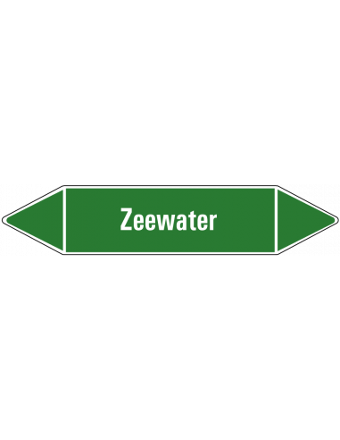 Zeewater leidingmarkering op vel, groen wit, Nederlandse tekst zeewater, stroomrichting leiding water