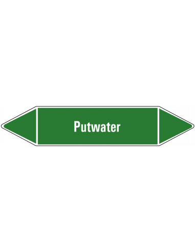 Putwater leidingmarkering op vel, groen wit, Nederlandse tekst putwater, stroomrichting leiding water