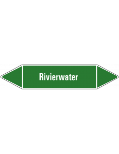 Rivierwater leidingmarkering op vel, groen wit, Nederlandse tekst rivierwater, stroomrichting leiding water