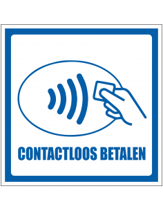 Contactloos betalen sticker, blauw wit, vierkant, contactloos betalen symbool met tekst