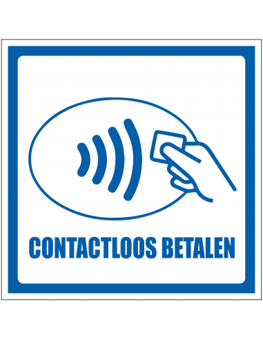 Contactloos betalen bord, blauw wit, vierkant, contactloos betalen symbool met tekst