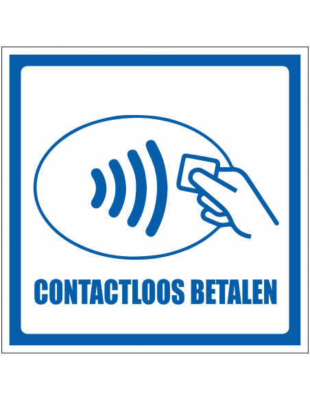 Contactloos betalen bord, blauw wit, vierkant, contactloos betalen symbool met tekst