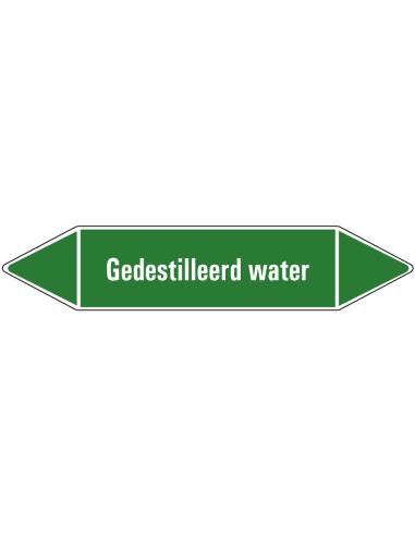 Gedestilleerd water leidingmarkering op vel, groen wit, Nederlandse tekst gedestilleerd water, stroomrichting leiding water