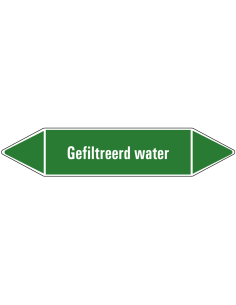 Gefiltreerd water leidingmarkering op vel, groen wit, Nederlandse tekst gefiltreerd water, stroomrichting leiding water